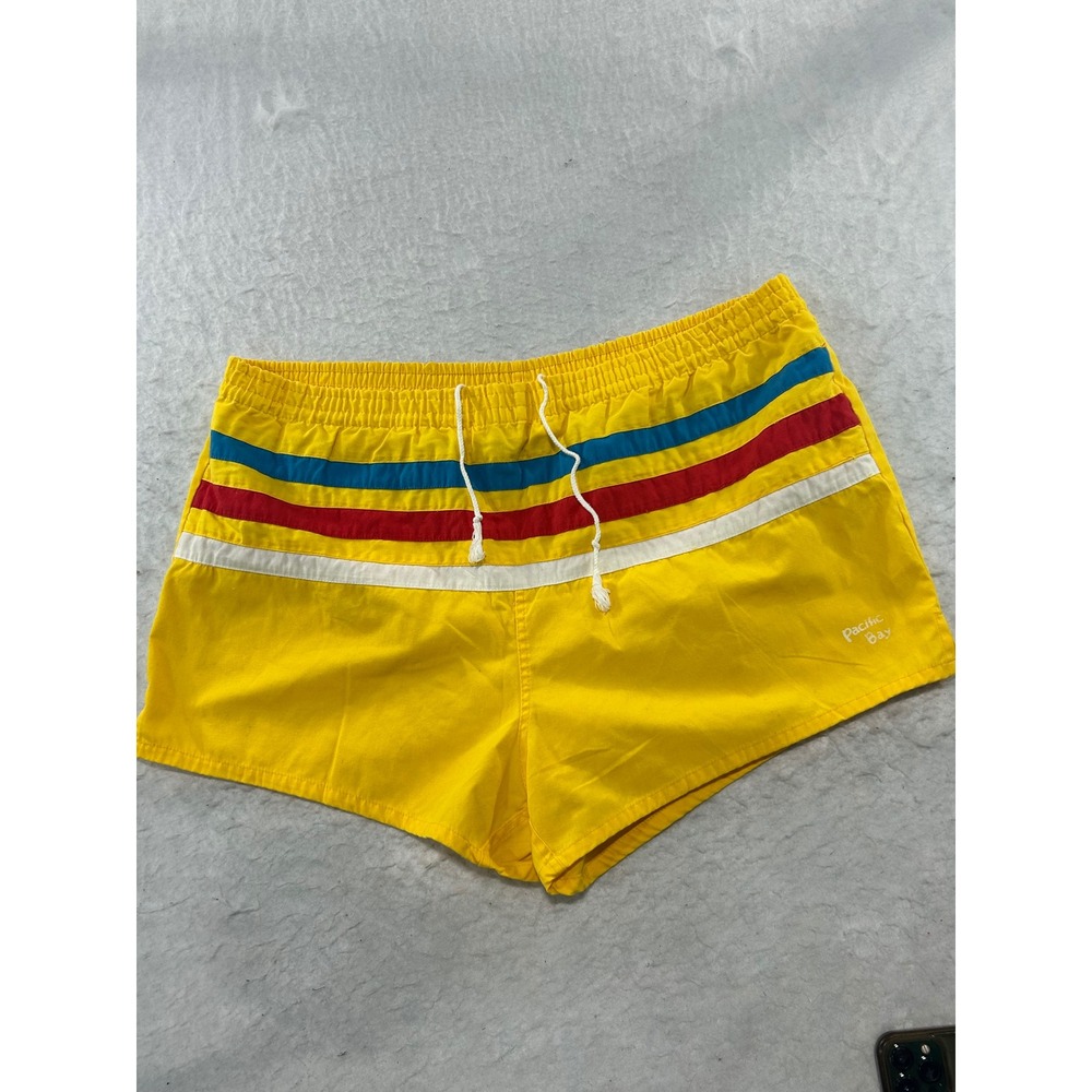 Pacific Bay Mens XL Yellow Retro Striped Swim Trunks Mesh Liner B1008
